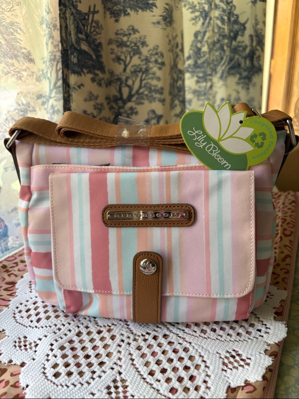 Lily Bloom Pastel Pink & Mint Striped Crossbody with Tan Trim